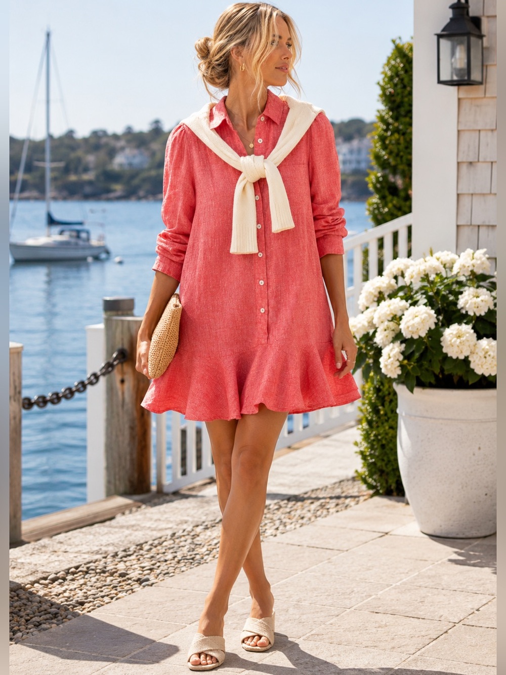 Magaschoni Watermelon Red Linen Puff Sleeve Euro Summer Coastal Dress